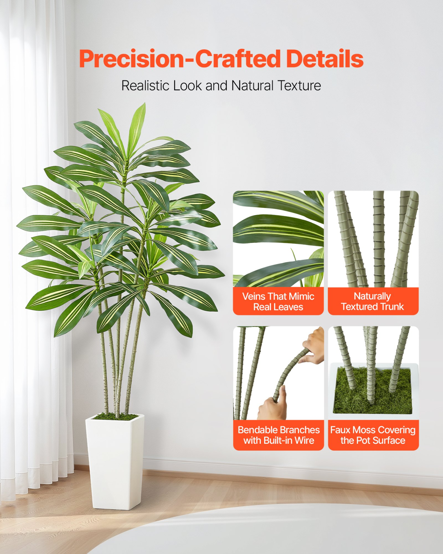 6ft Artificial Dracaena Tree in Pot | Fake Tropical Palm Silk Plant